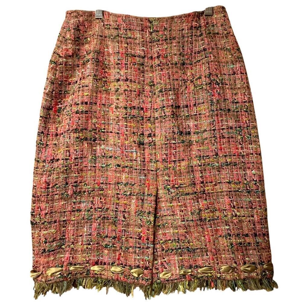 Rickie Freeman Teri Jon Tweed Pencil Skirt Bow Fringe Pink Green‎ Sz 2 - Picture 7 of 13
